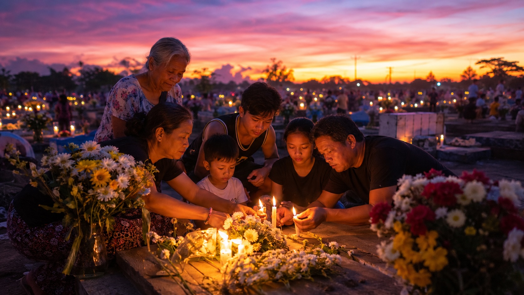 A Filipino family lighting candles together at a cemetery during Undas
