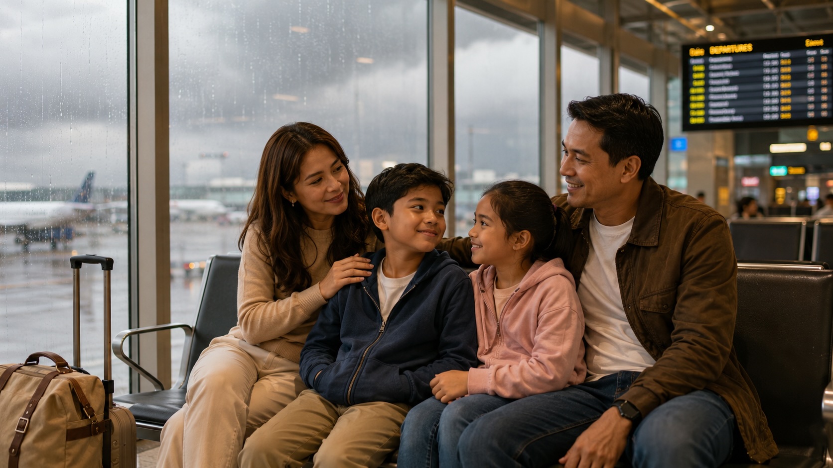 Family whose flight is delayed or canceled in the Philippines waits together at the airport during typhoon season
