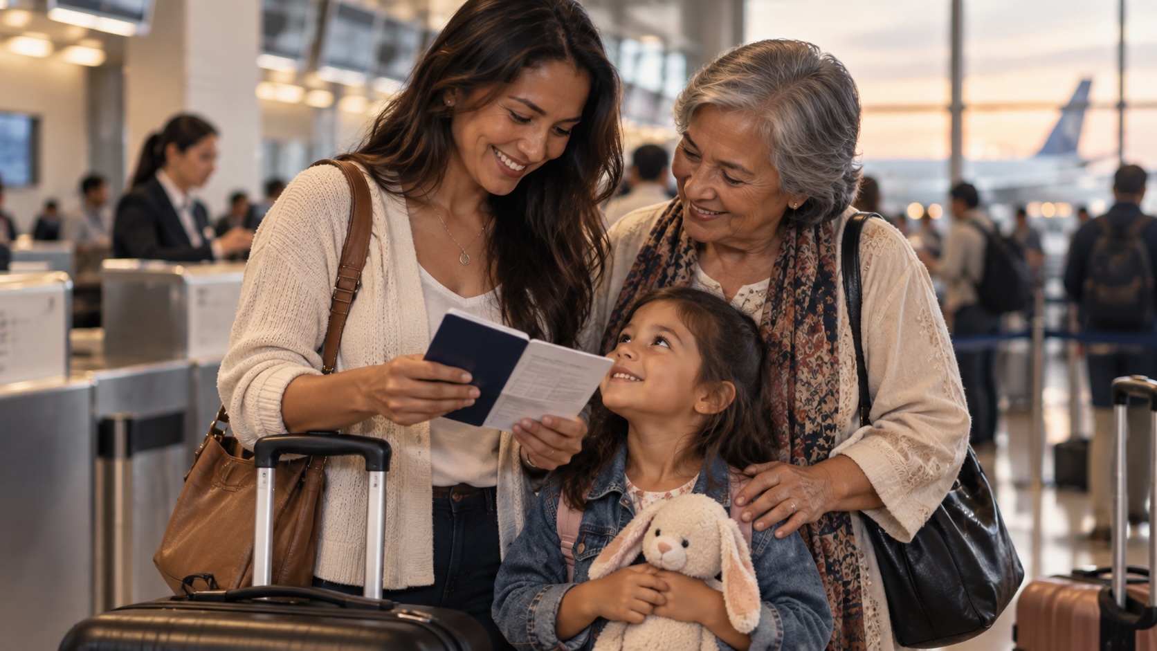 Family traveling to the Philippines with a minor child at an airport check-in counter